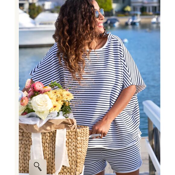 Frank&Eileen Hamptons Travel Set Olive Capelet & Pearl Sweatshorts in Navy Frenc - Picture 1 of 12